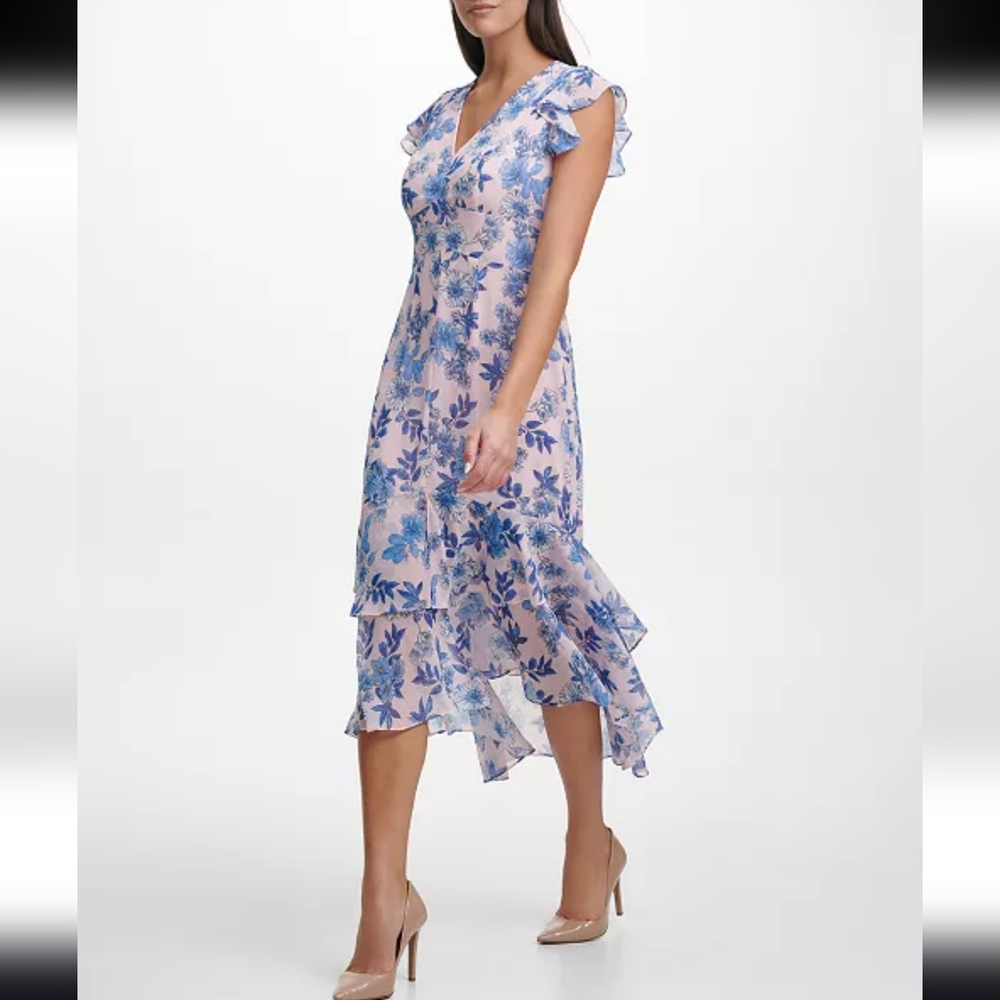 Tommy Hilfiger Size 2 Petite Rivera Floral-Print Tiered Midi Dress Blue & Pink